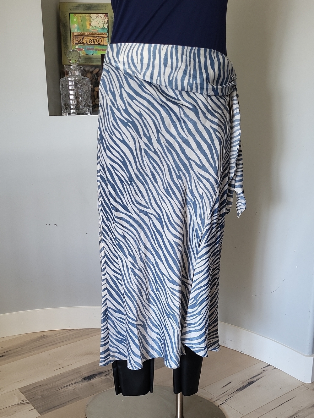 Satin Zebra-Stripe Maxi Skirt - Blue & White J.O.A Anthropologie Size Large